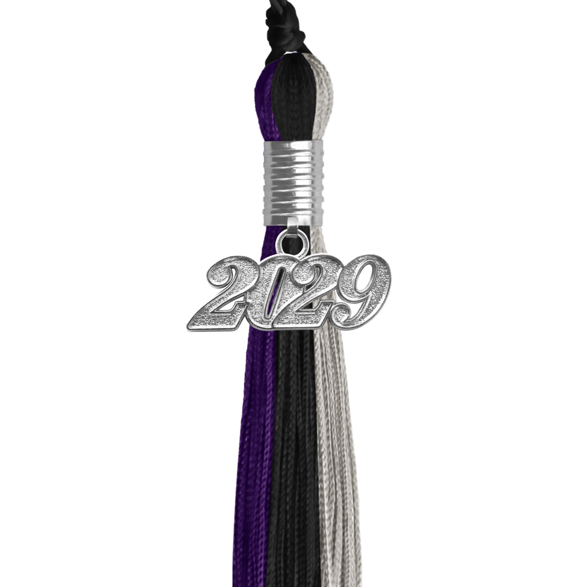 Black/Purple/Grey Graduation Tassel with Silver Date Drop by Wholesale Grad Supply