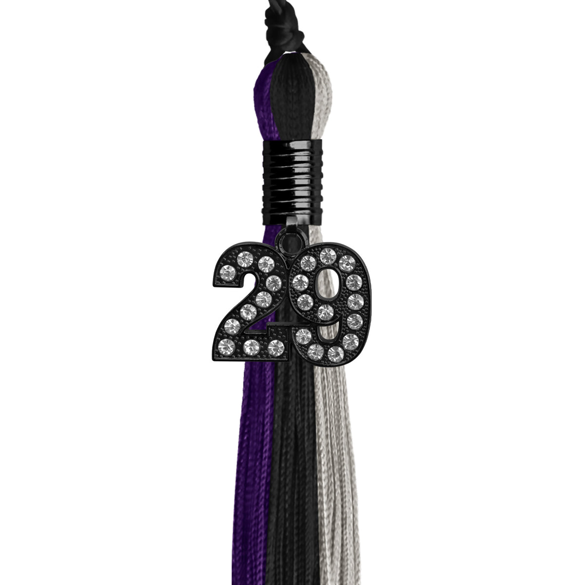 Black/Purple/Grey Graduation Tassel with Black Bling Charm by Wholesale Grad Supply
