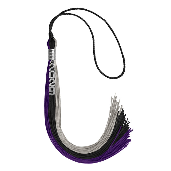 Black/Purple/Grey Graduation Tassel with Silver Stacked Date Drop by Wholesale Grad Supply