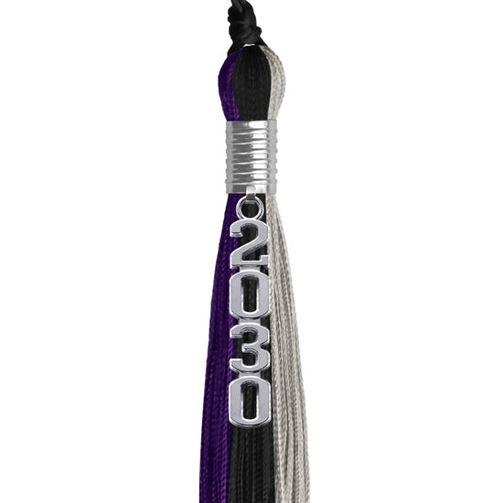 Black/Purple/Grey Graduation Tassel with Silver Stacked Date Drop by Wholesale Grad Supply