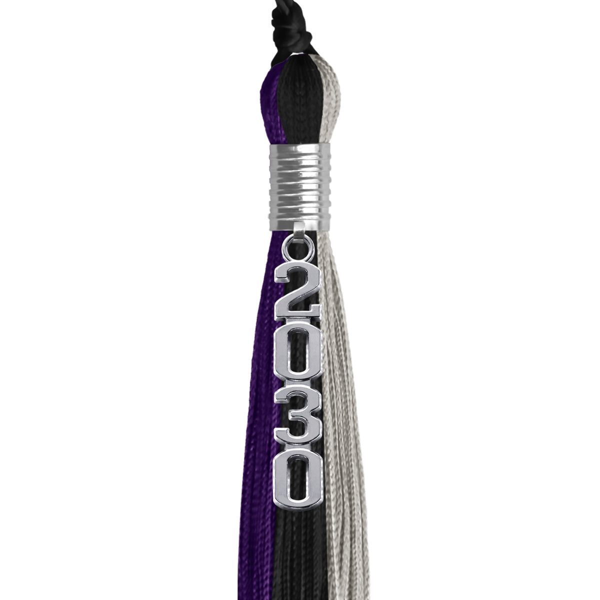 Black/Purple/Grey Graduation Tassel with Silver Stacked Date Drop by Wholesale Grad Supply