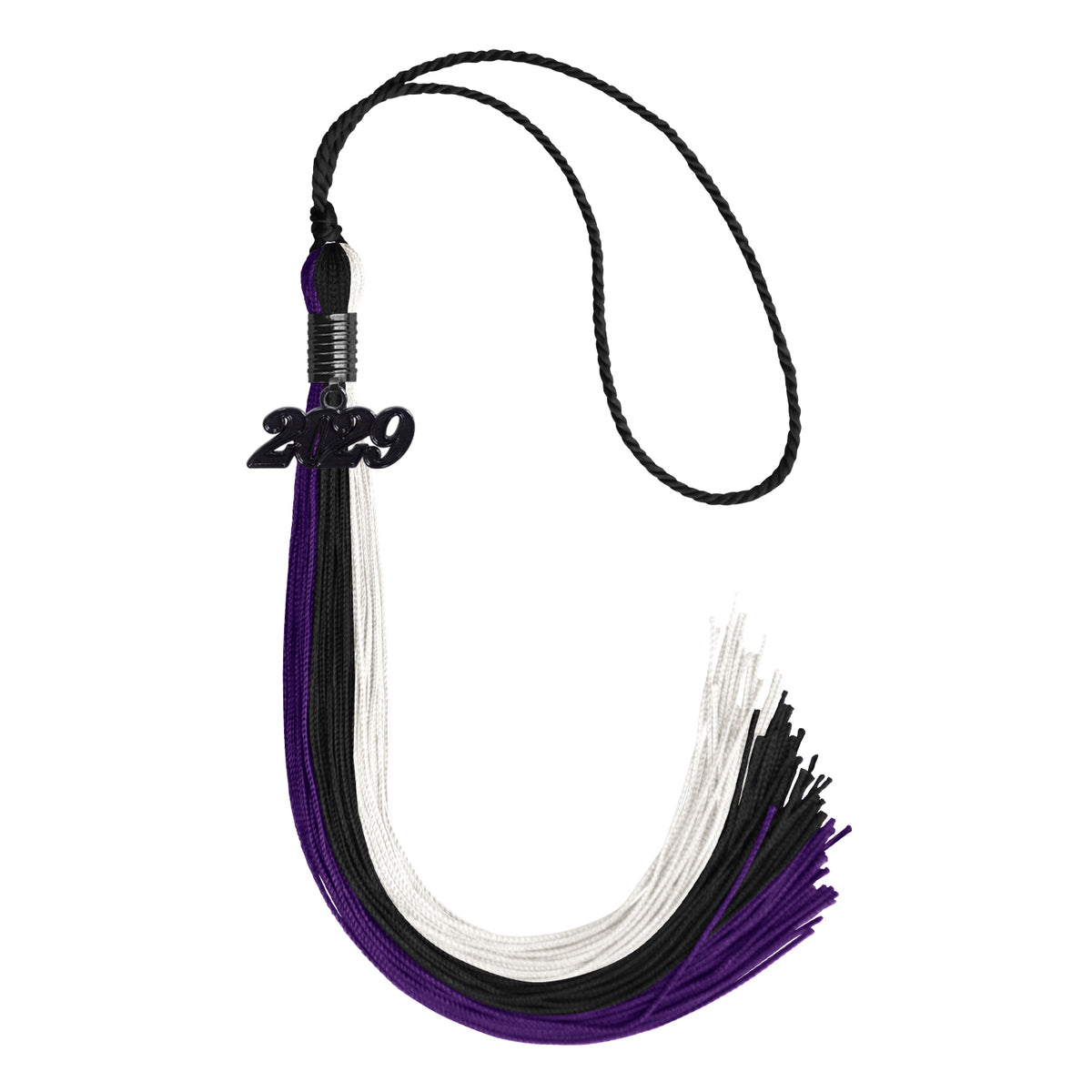 Black/Purple/White Graduation Tassel with Black Date Drop by Wholesale Grad Supply