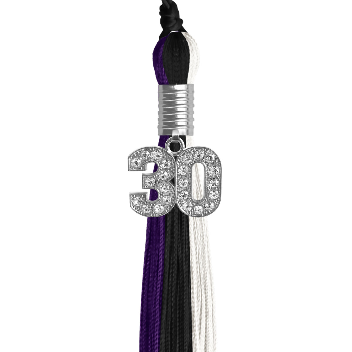 Black/Purple/White Graduation Tassel with Silver Bling Charm by Wholesale Grad Supply