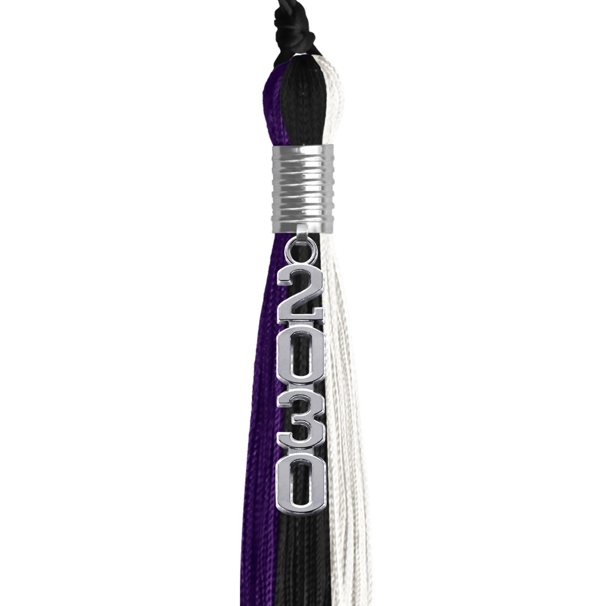 Black/Purple/White Graduation Tassel with Silver Stacked Date Drop by Wholesale Grad Supply