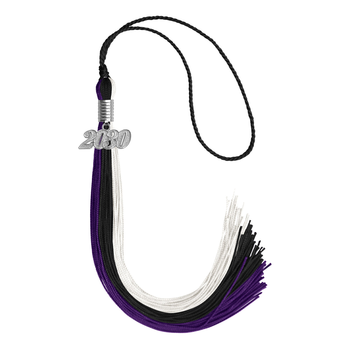 Black/Purple/White Graduation Tassel with Silver Date Drop by Wholesale Grad Supply