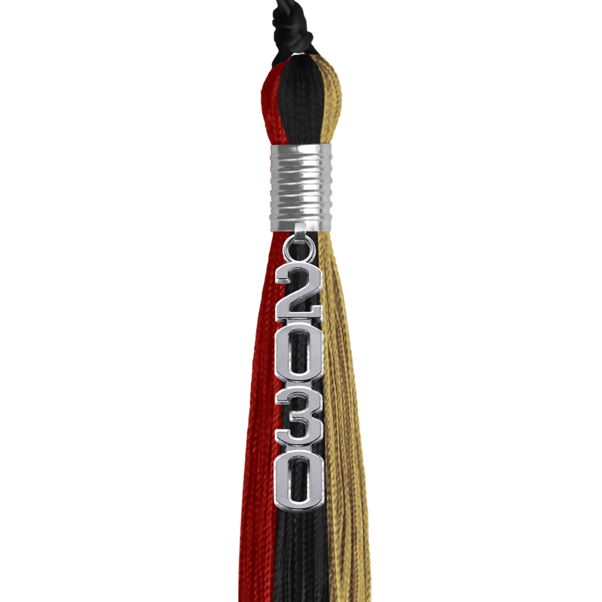 Black/Red/Antique Gold Graduation Tassel with Silver Stacked Date Drop by Wholesale Grad Supply