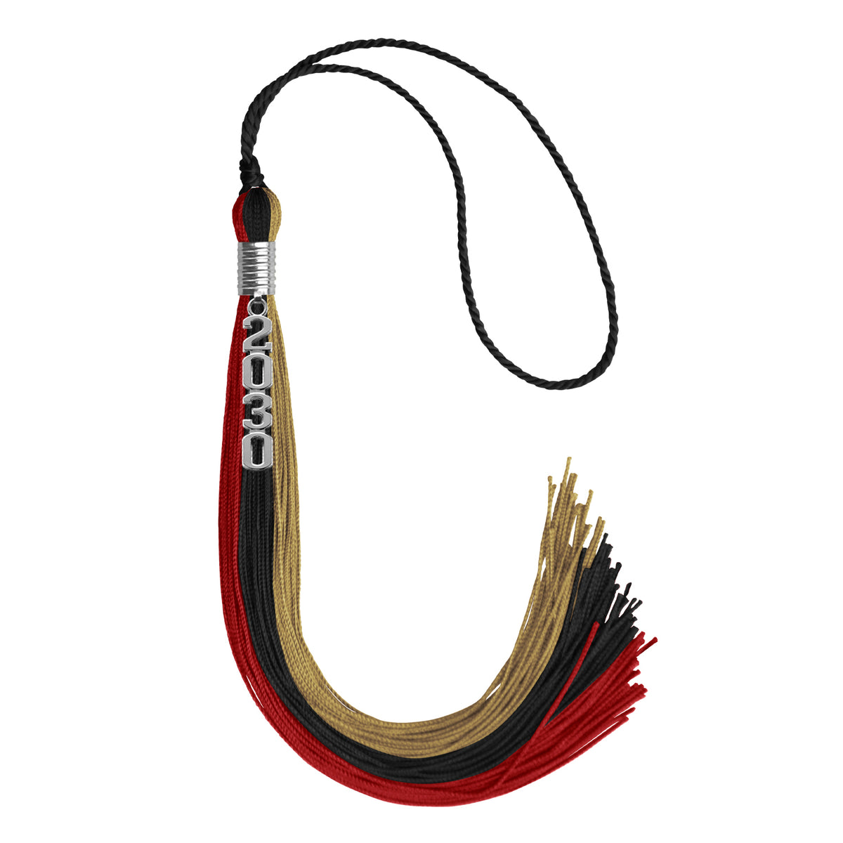 Black/Red/Antique Gold Graduation Tassel with Silver Stacked Date Drop by Wholesale Grad Supply