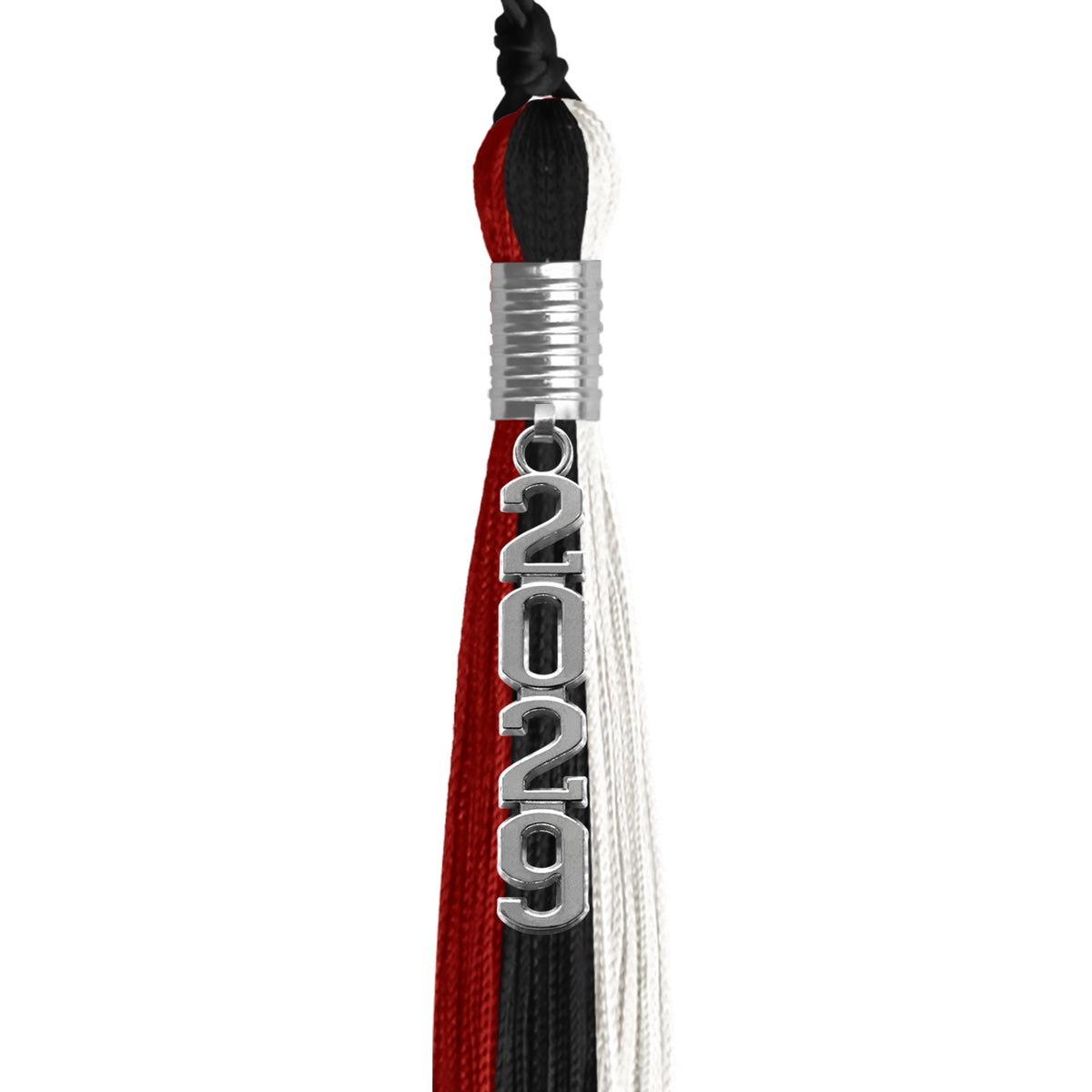 Black/Red/White Graduation Tassel with Silver Stacked Date Drop by Wholesale Grad Supply