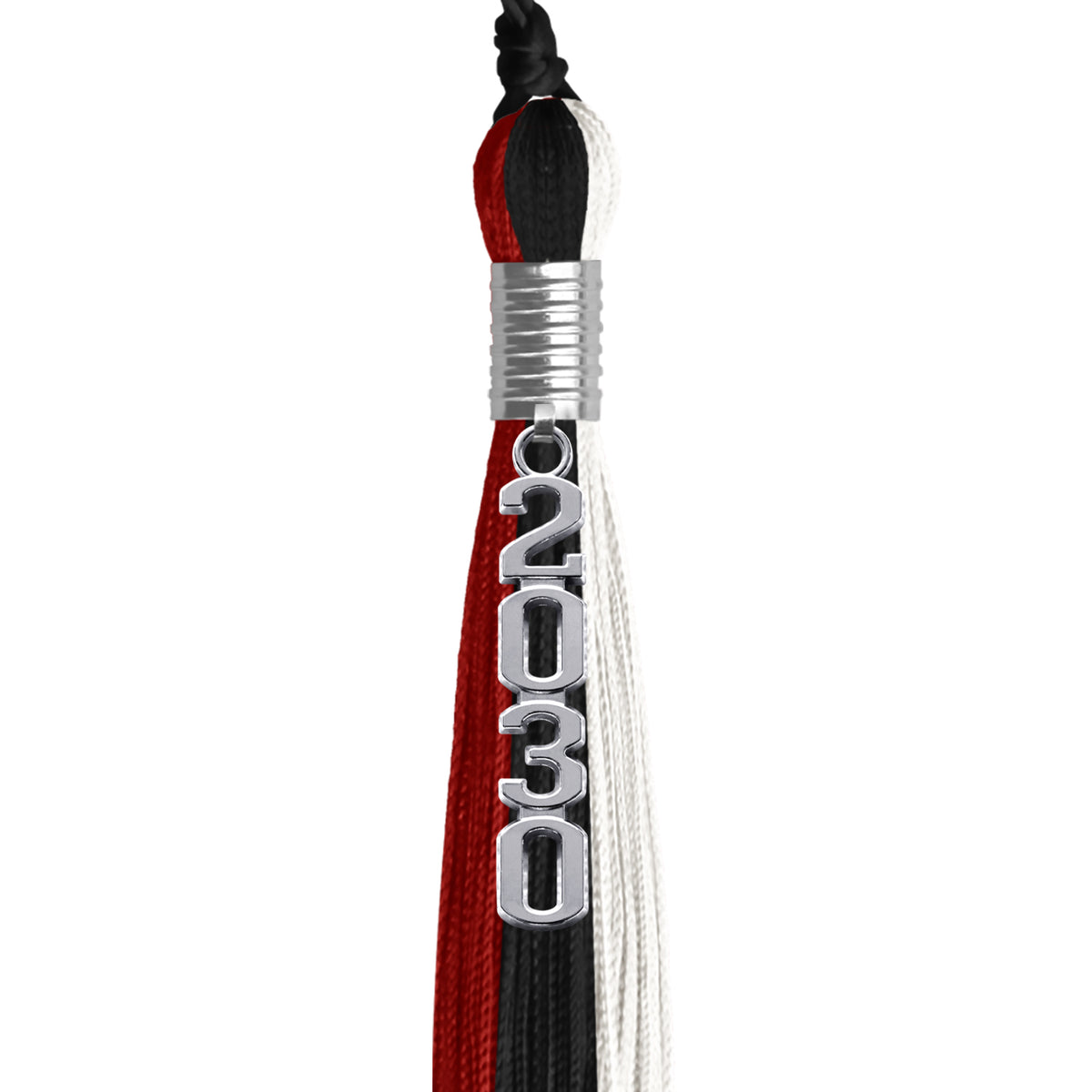 Black/Red/White Graduation Tassel with Silver Stacked Date Drop by Wholesale Grad Supply