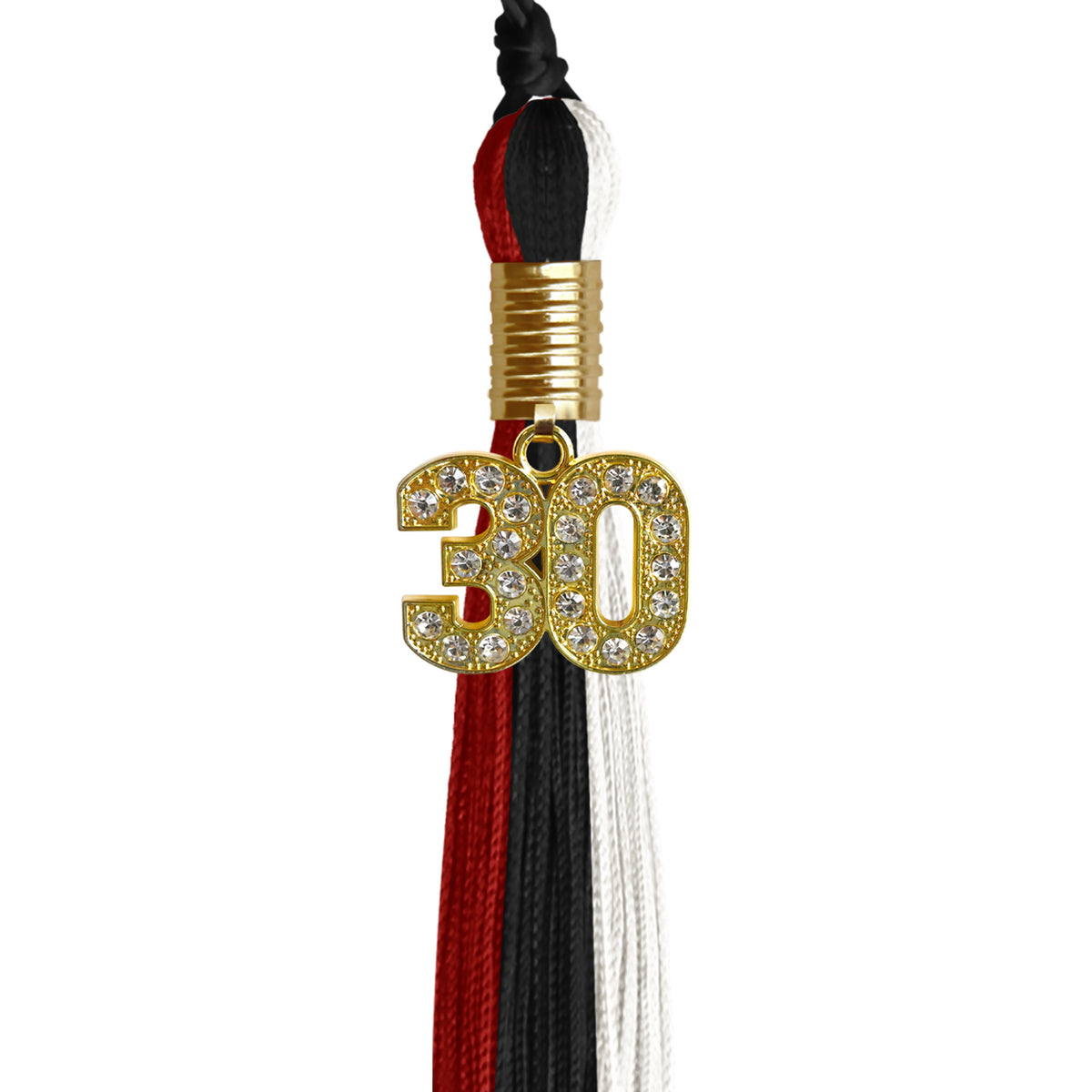 Black/Red/White Graduation Tassel with Gold Bling Charm by Wholesale Grad Supply