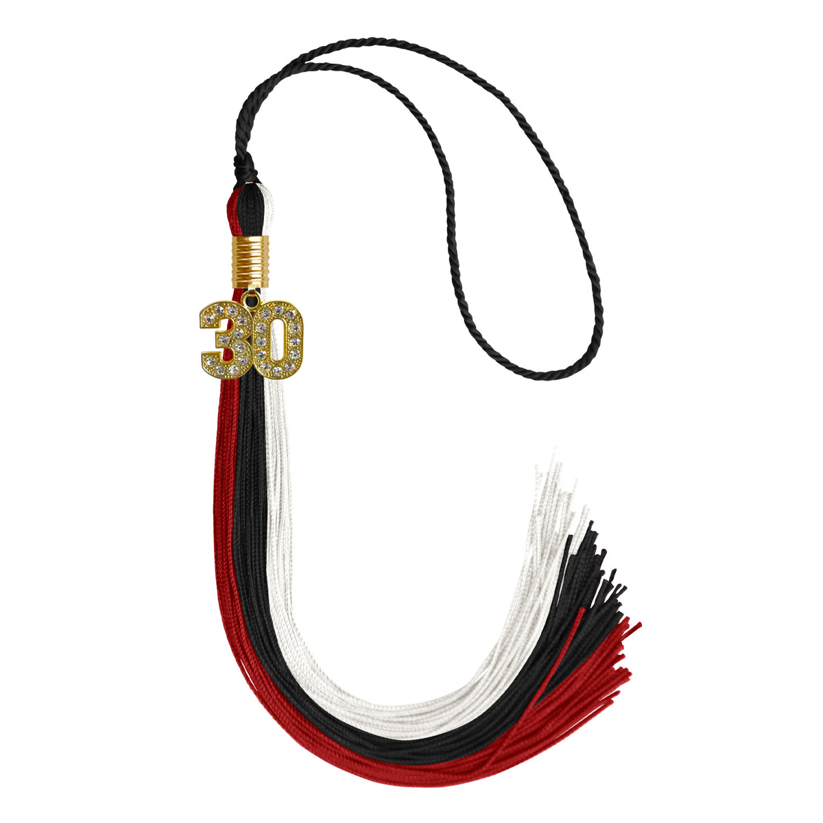 Black/Red/White Graduation Tassel with Gold Bling Charm by Wholesale Grad Supply