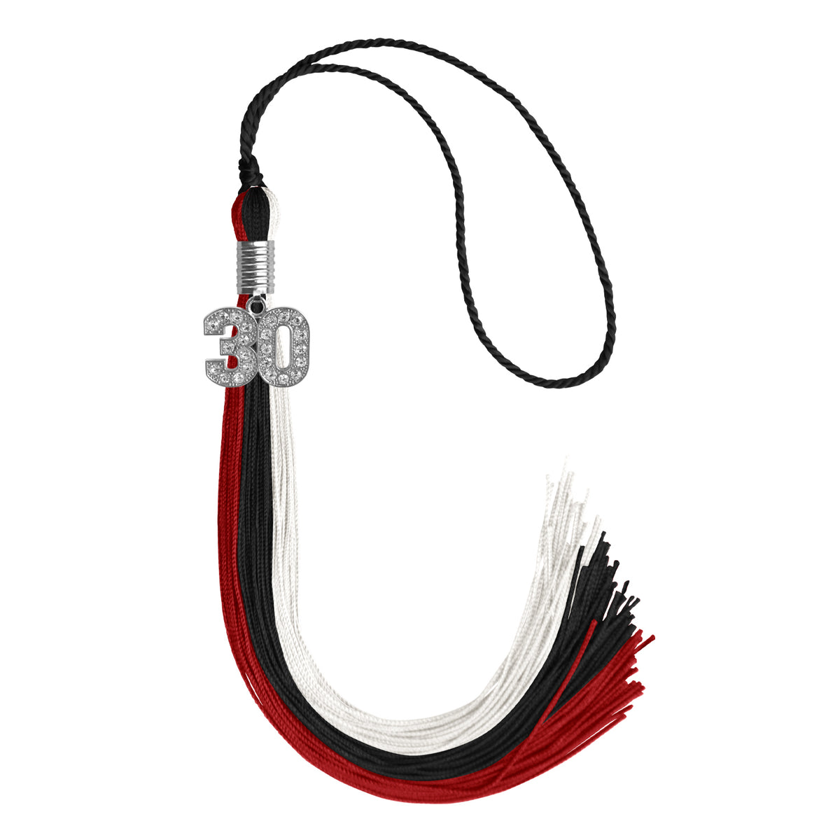 Black/Red/White Graduation Tassel with Silver Bling Charm by Wholesale Grad Supply