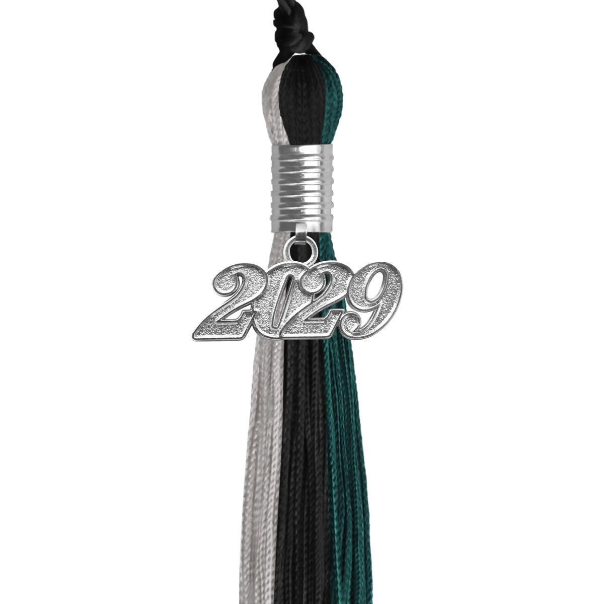 Black/Teal/Grey Graduation Tassel with Silver Date Drop by Wholesale Grad Supply