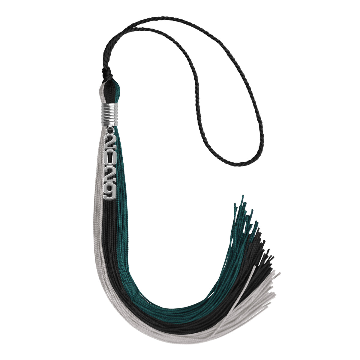 Black/Teal/Grey Graduation Tassel with Silver Stacked Date Drop by Wholesale Grad Supply