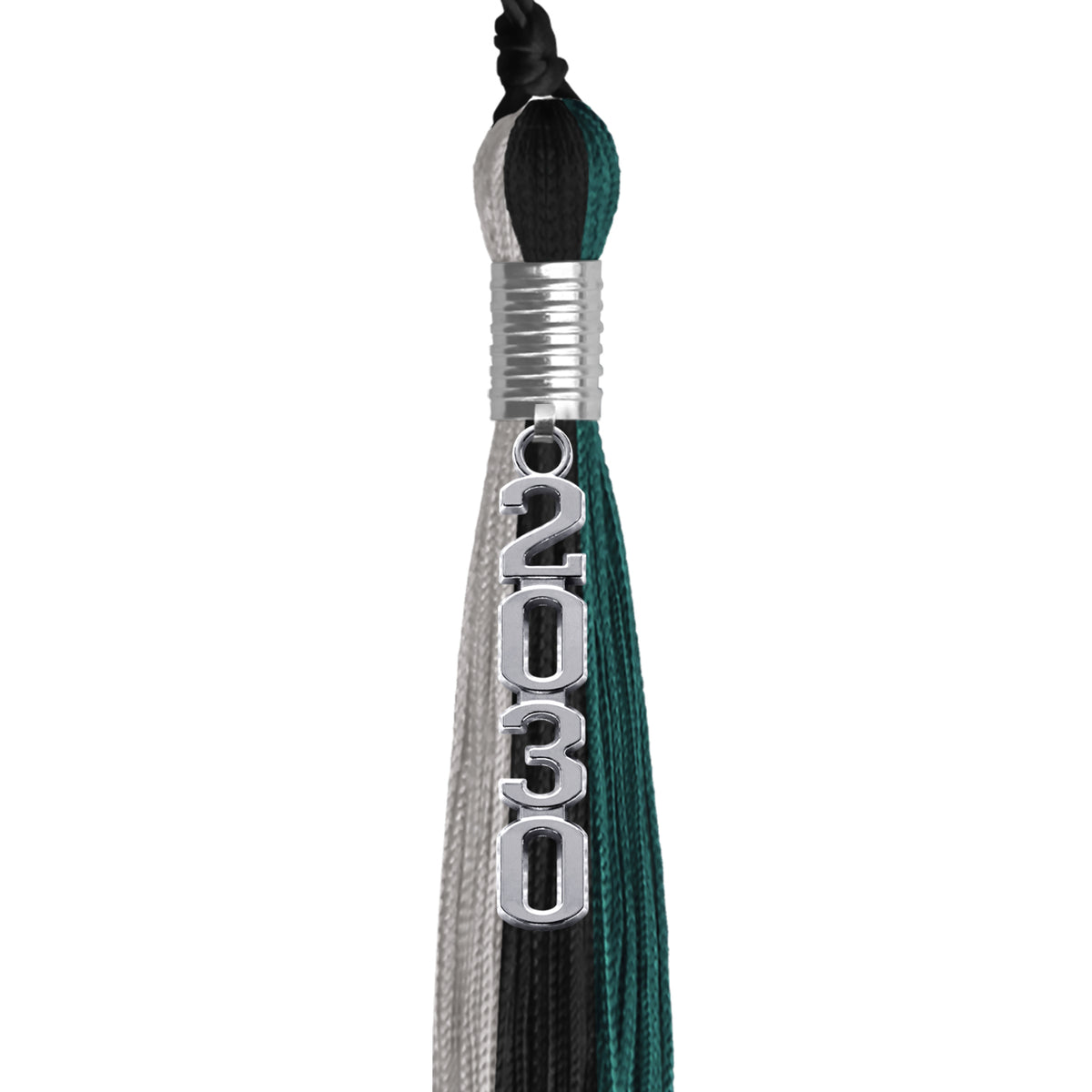 Black/Teal/Grey Graduation Tassel with Silver Stacked Date Drop by Wholesale Grad Supply