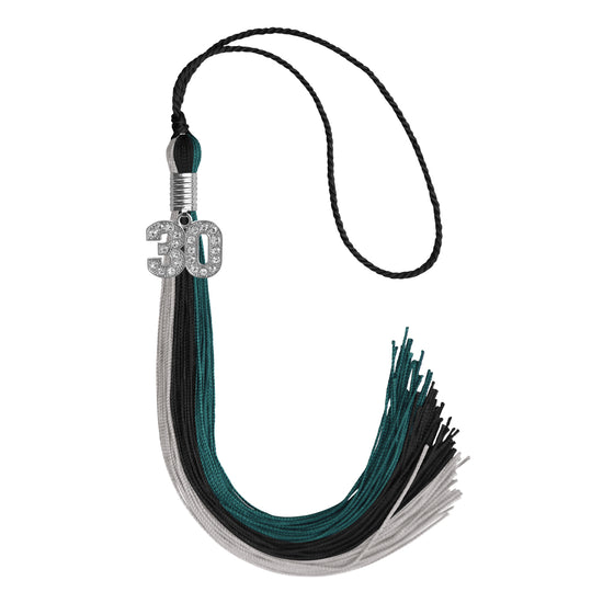 Black/Teal/Grey Graduation Tassel with Silver Bling Charm by Wholesale Grad Supply