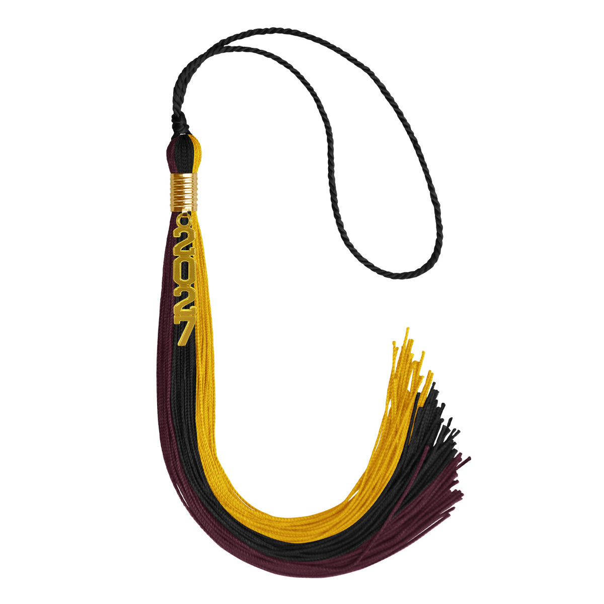 Black/Gold/Maroon Graduation Tassel with Gold Stacked Date Drop by Wholesale Grad Supply