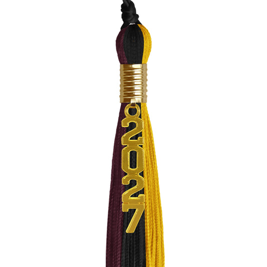 Black/Gold/Maroon Graduation Tassel with Gold Stacked Date Drop by Wholesale Grad Supply