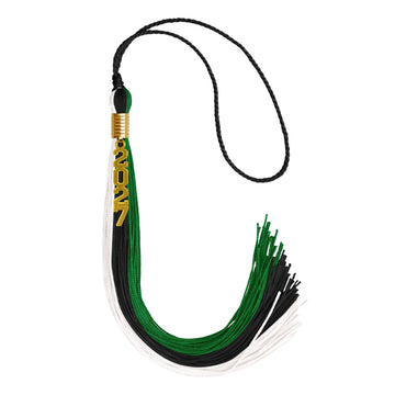 Black/Green/White Graduation Tassel with Gold Stacked Date Drop by Wholesale Grad Supply