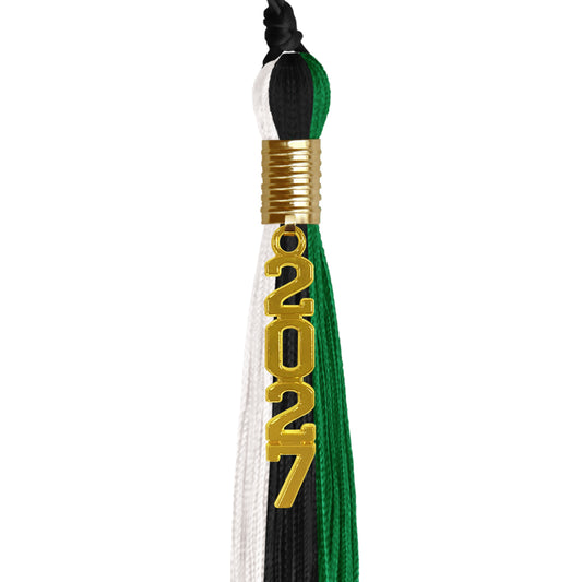 Black/Green/White Graduation Tassel with Gold Stacked Date Drop by Wholesale Grad Supply