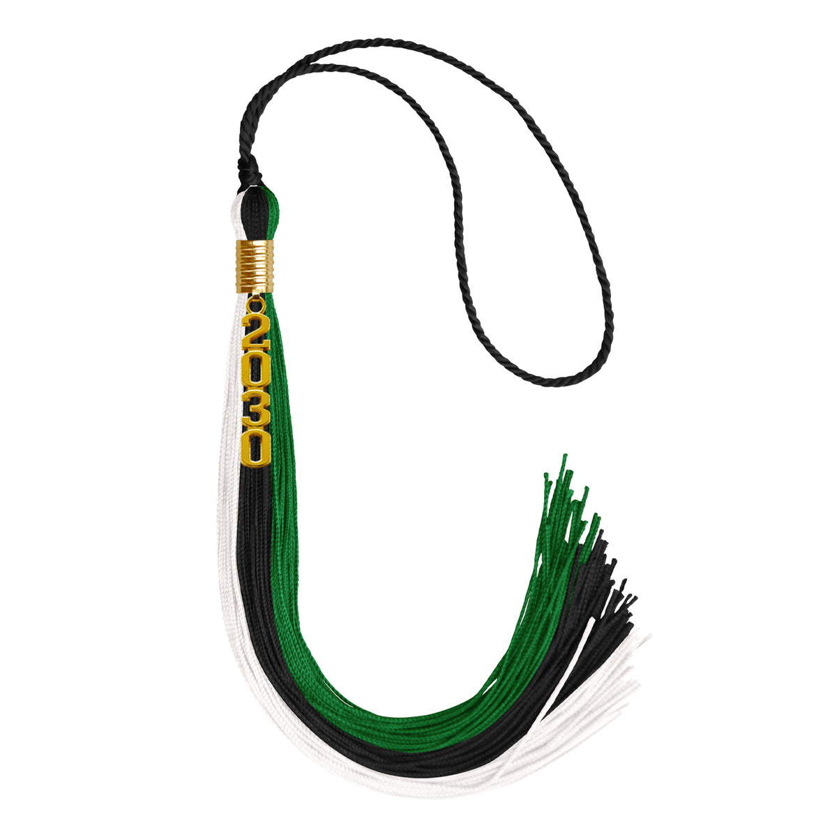 Black/Green/White Graduation Tassel with Gold Stacked Date Drop by Wholesale Grad Supply