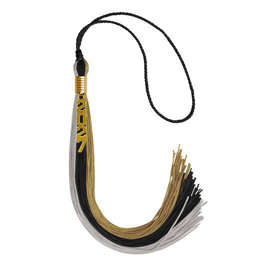 Black/Grey/Antique Gold Graduation Tassel with Gold Stacked Date Drop by Wholesale Grad Supply