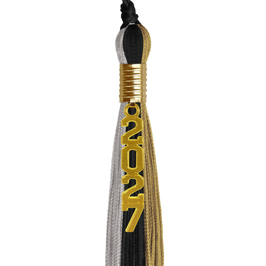 Black/Grey/Antique Gold Graduation Tassel with Gold Stacked Date Drop by Wholesale Grad Supply