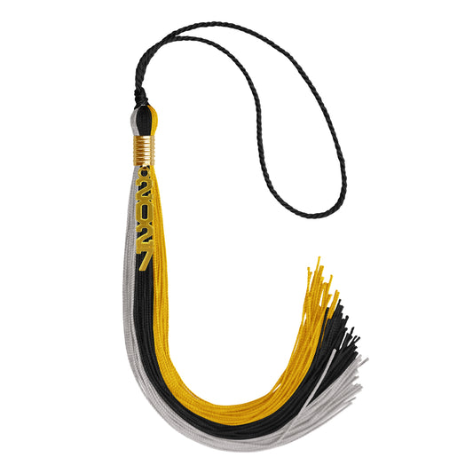 Black/Grey/Gold Graduation Tassel with Gold Stacked Date Drop by Wholesale Grad Supply