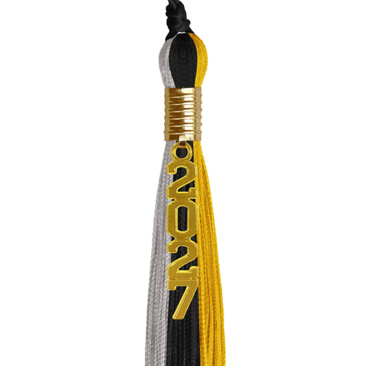 Black/Grey/Gold Graduation Tassel with Gold Stacked Date Drop by Wholesale Grad Supply
