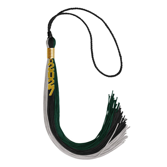 Black/Hunter Green/Silver Graduation Tassel with Gold Stacked Date Drop by Wholesale Grad Supply