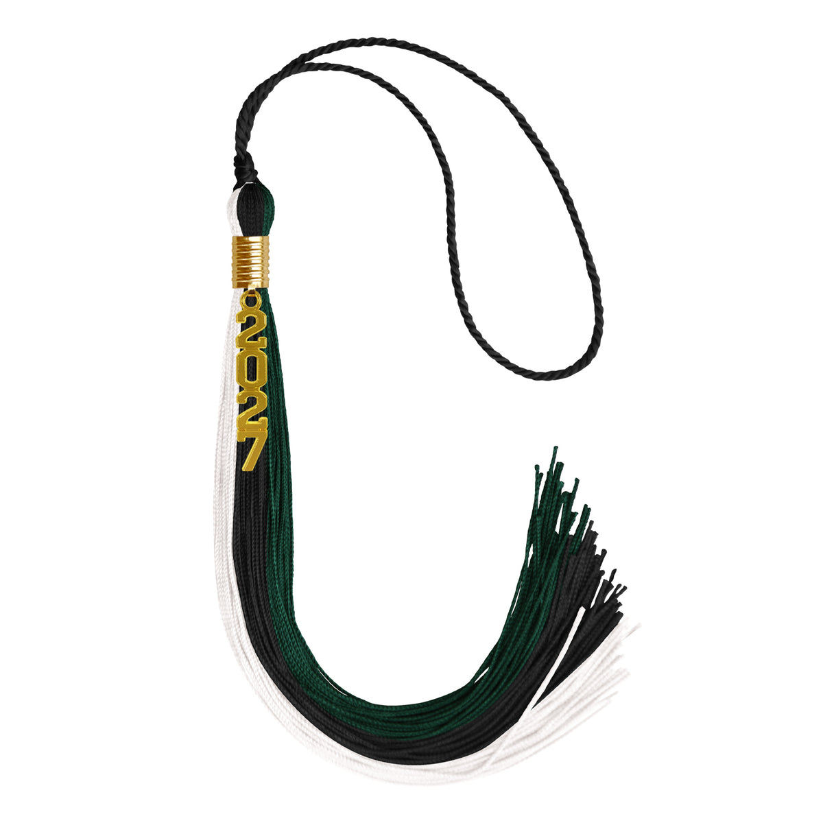 Black/Hunter Green/White Graduation Tassel with Gold Stacked Date Drop by Wholesale Grad Supply