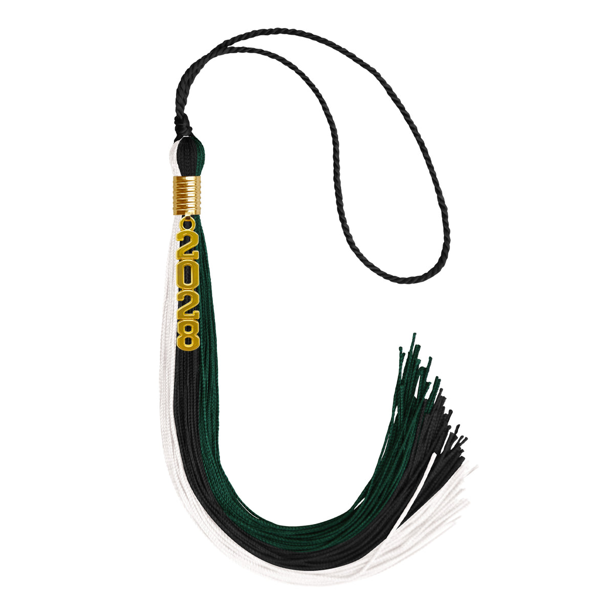 Black/Hunter Green/White Graduation Tassel with Gold Stacked Date Drop by Wholesale Grad Supply