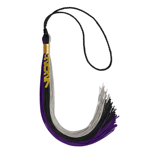 Black/Purple/Grey Graduation Tassel with Gold Stacked Date Drop by Wholesale Grad Supply