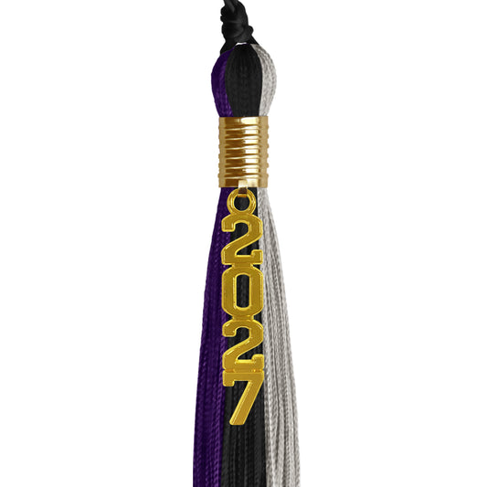 Black/Purple/Grey Graduation Tassel with Gold Stacked Date Drop by Wholesale Grad Supply