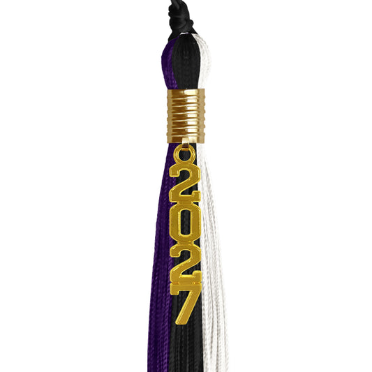 Black/Purple/White Graduation Tassel with Gold Stacked Date Drop by Wholesale Grad Supply