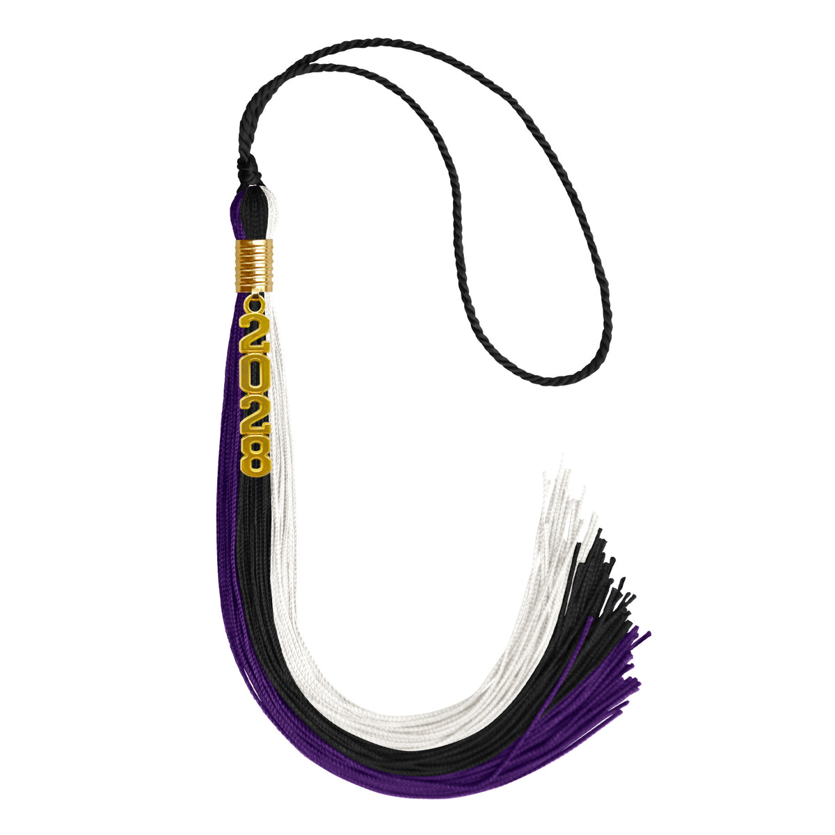 Black/Purple/White Graduation Tassel with Gold Stacked Date Drop by Wholesale Grad Supply