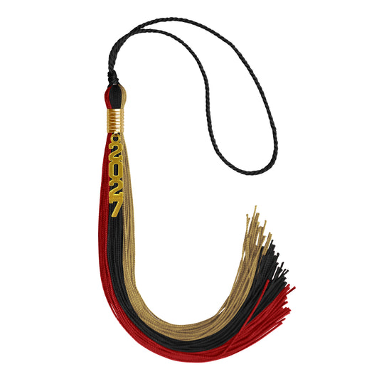Black/Red/Antique Gold Graduation Tassel with Gold Stacked Date Drop by Wholesale Grad Supply