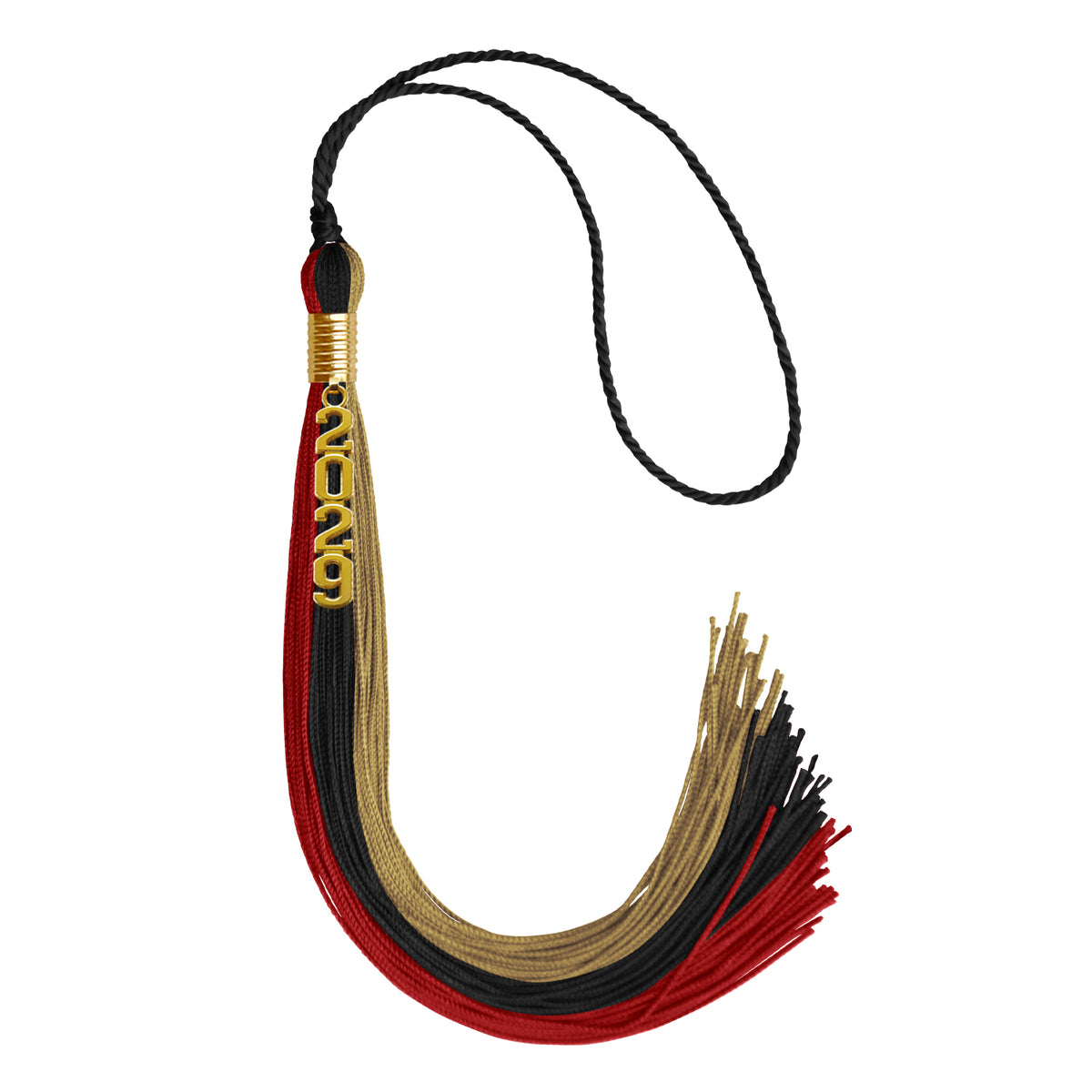 Black/Red/Antique Gold Graduation Tassel with Gold Stacked Date Drop by Wholesale Grad Supply