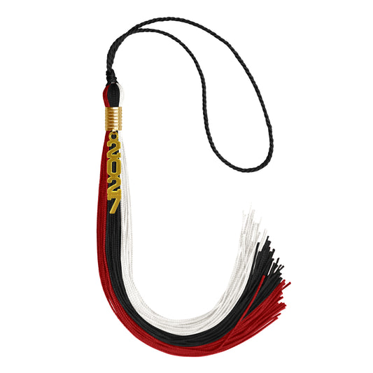 Black/Red/White Graduation Tassel with Gold Stacked Date Drop by Wholesale Grad Supply