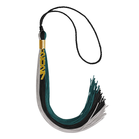 Black/Teal/Grey Graduation Tassel with Gold Stacked Date Drop by Wholesale Grad Supply