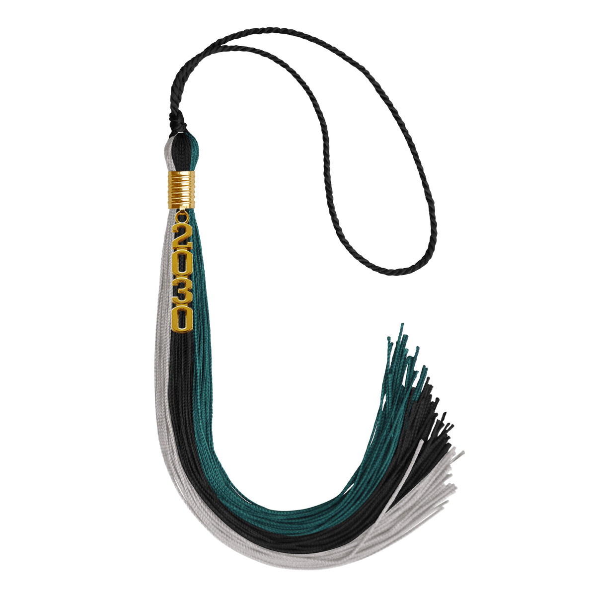 Black/Teal/Grey Graduation Tassel with Gold Stacked Date Drop by Wholesale Grad Supply