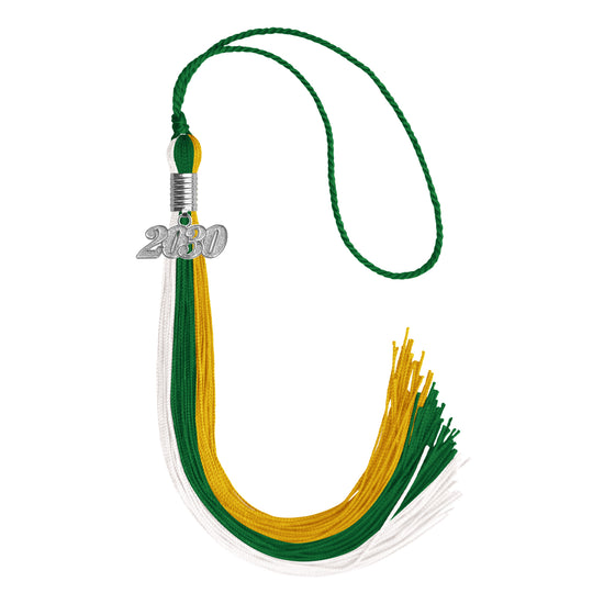 Green/Gold/White Graduation Tassel with Silver Date Drop by Wholesale Grad Supply