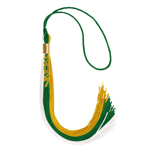 Green/Gold/White Graduation Tassel with Gold Stacked Date Drop by Wholesale Grad Supply