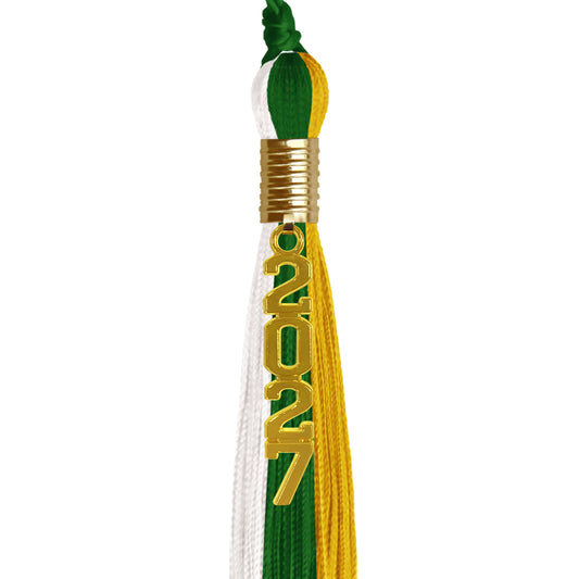 Green/Gold/White Graduation Tassel with Gold Stacked Date Drop by Wholesale Grad Supply
