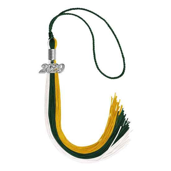 Hunter Green/Gold/White Graduation Tassel with Silver Date Drop by Wholesale Grad Supply