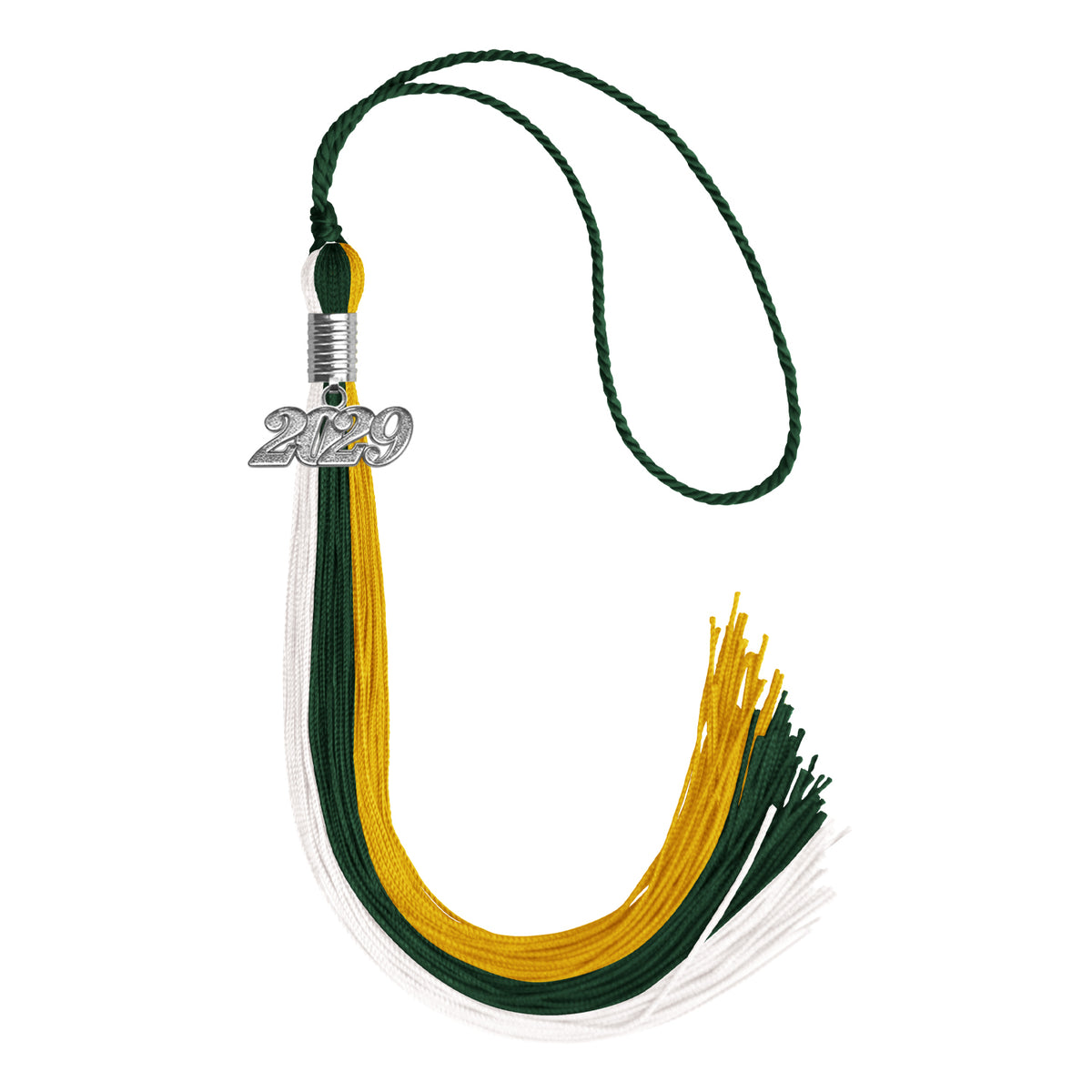 Hunter Green/Gold/White Graduation Tassel with Silver Date Drop by Wholesale Grad Supply