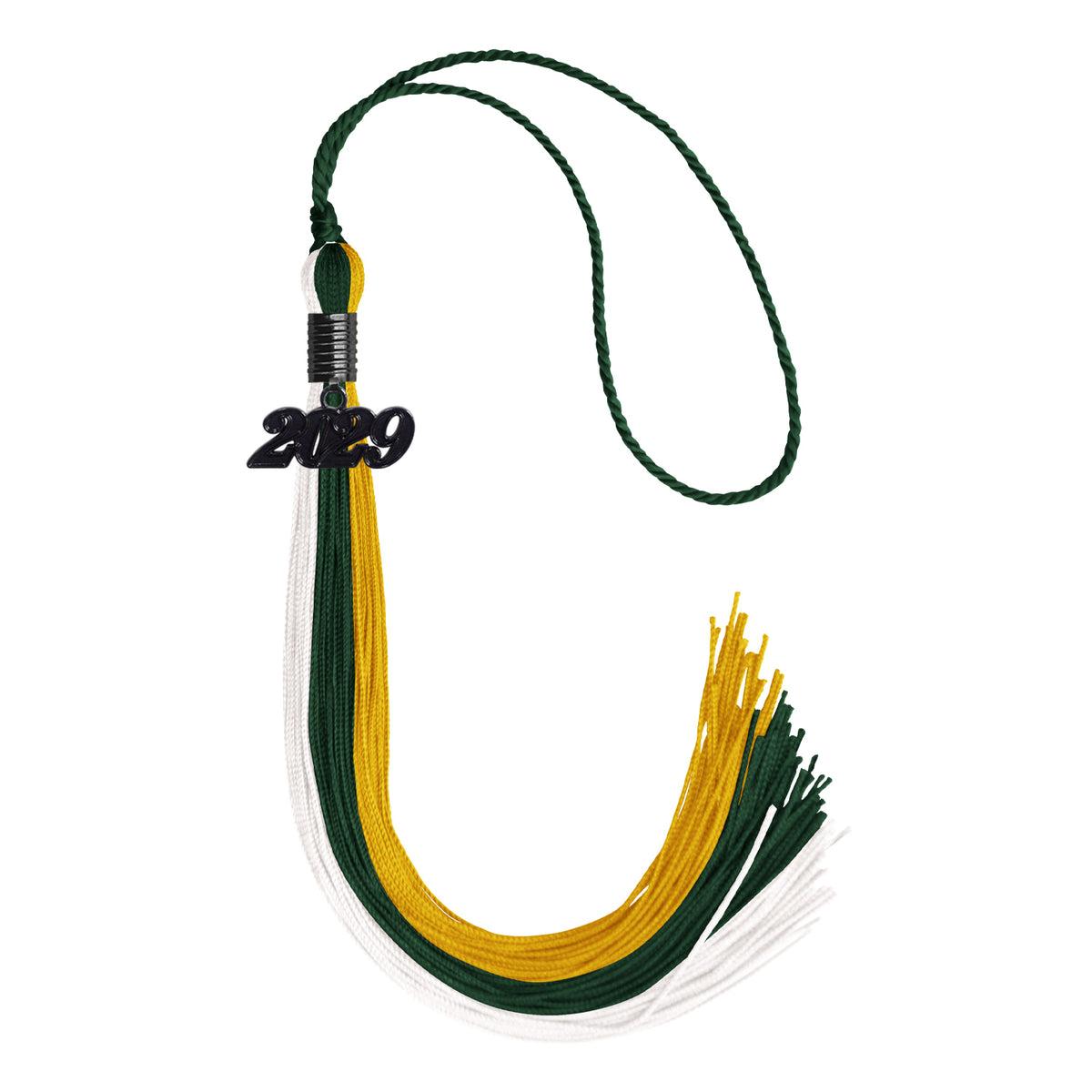 Hunter Green/Gold/White Graduation Tassel with Black Date Drop by Wholesale Grad Supply