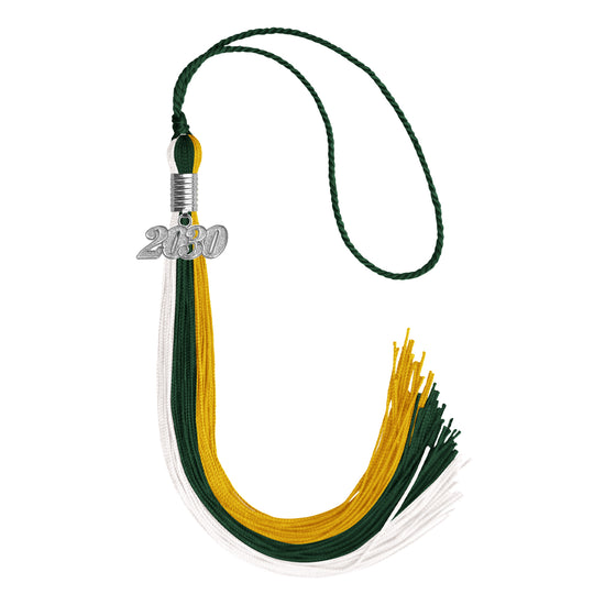 Hunter Green/Gold/White Graduation Tassel with Silver Date Drop by Wholesale Grad Supply