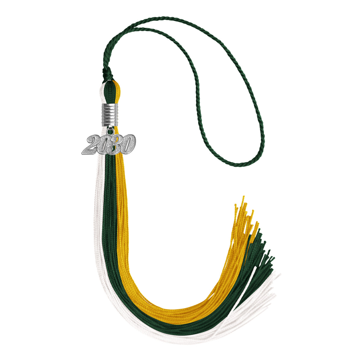 Hunter Green/Gold/White Graduation Tassel with Silver Date Drop by Wholesale Grad Supply