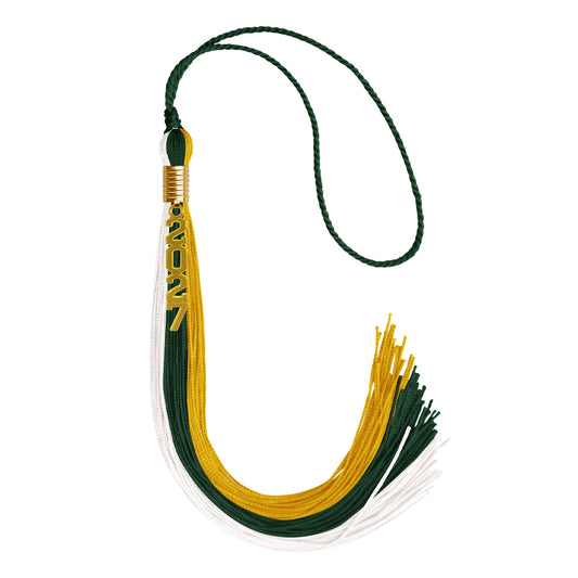 Hunter Green/Gold/White Graduation Tassel with Gold Stacked Date Drop by Wholesale Grad Supply